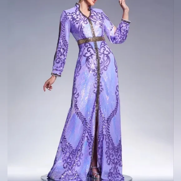 Purple,Graphic Print,V Neck, Contrast Sequined Maxi Gown
